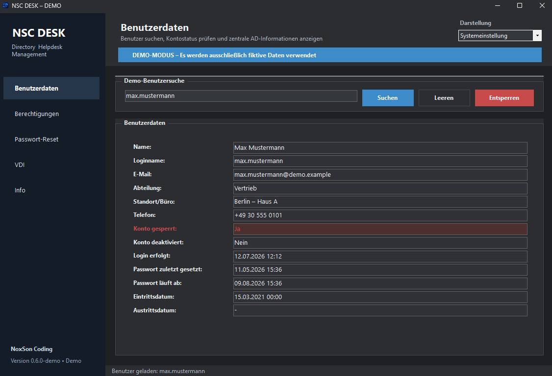 NSC DESK – Ansicht Benutzerdaten