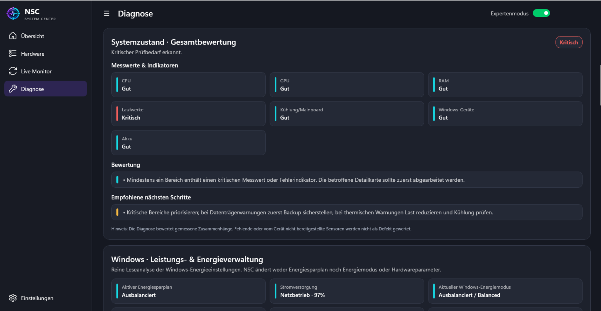 NSC System Center Diagnose mit Gesamtbewertung